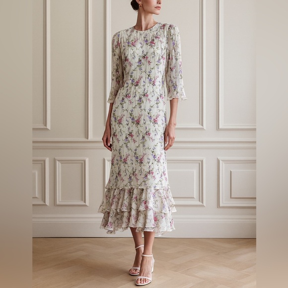 Judy Hornby Dresses & Skirts - Judy Hornby I.Magnin Silk Floral Pleated Tiered Ruffle Dress 80s Art Deco Sz 14